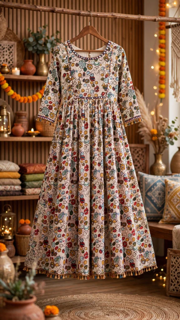 Artisanal Kalamkari Floral & Festive Motif Ethnic Kurta Set – Available in Cream with Bird Motif & Multi-Colour Folk Art Design - Photo 1