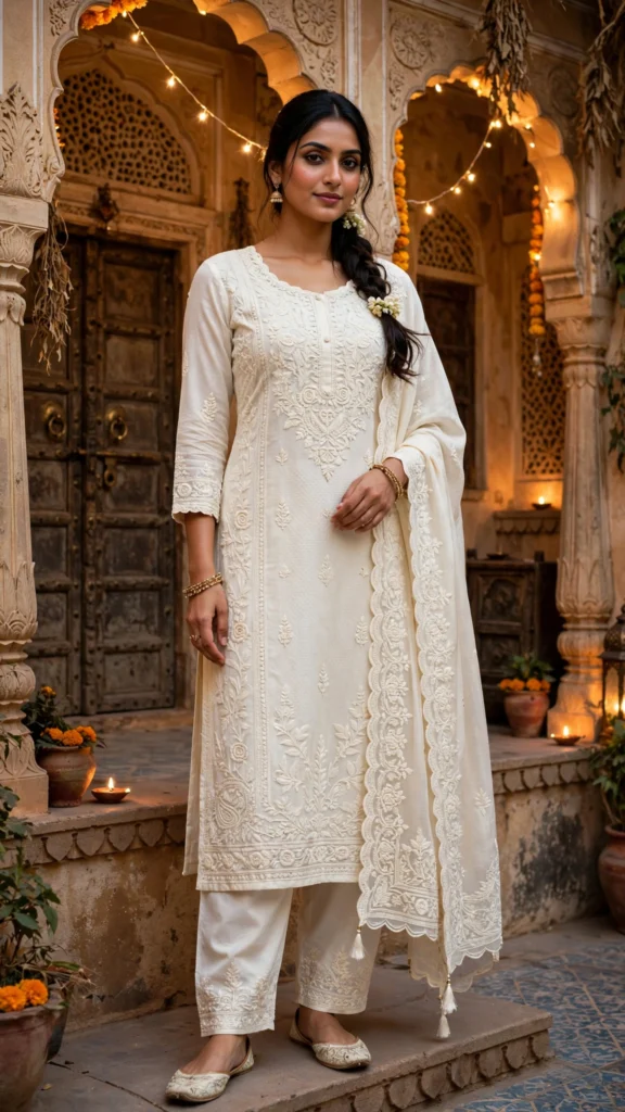 Ivory Hand-Embroidered Chikankari Kurta Set - Photo 1