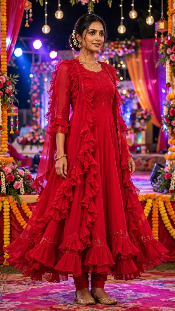 Scarlet Radiance Ruffled Organza Anarkali Set - Photo 1