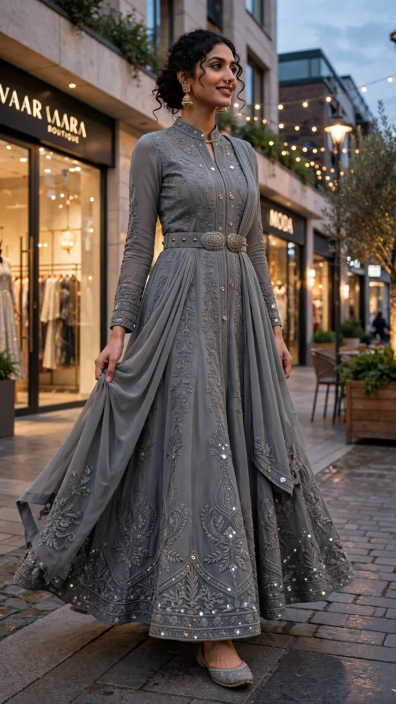 Heritage Grey Embroidered Belted Anarkali Set - Photo 1
