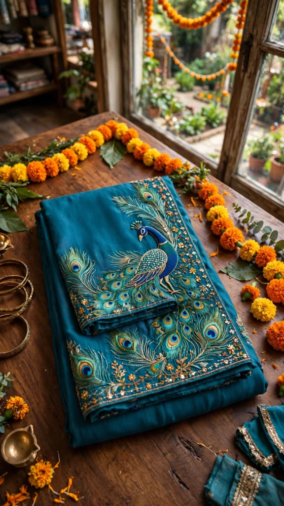 Peacock Motif Embroidered Royal Teal Silk Anarkali Suit Set - Photo 1