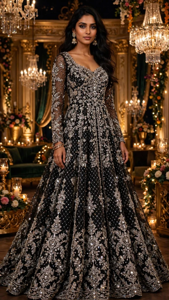 Midnight Radiance Embellished Net Anarkali Set – Black - Photo 1