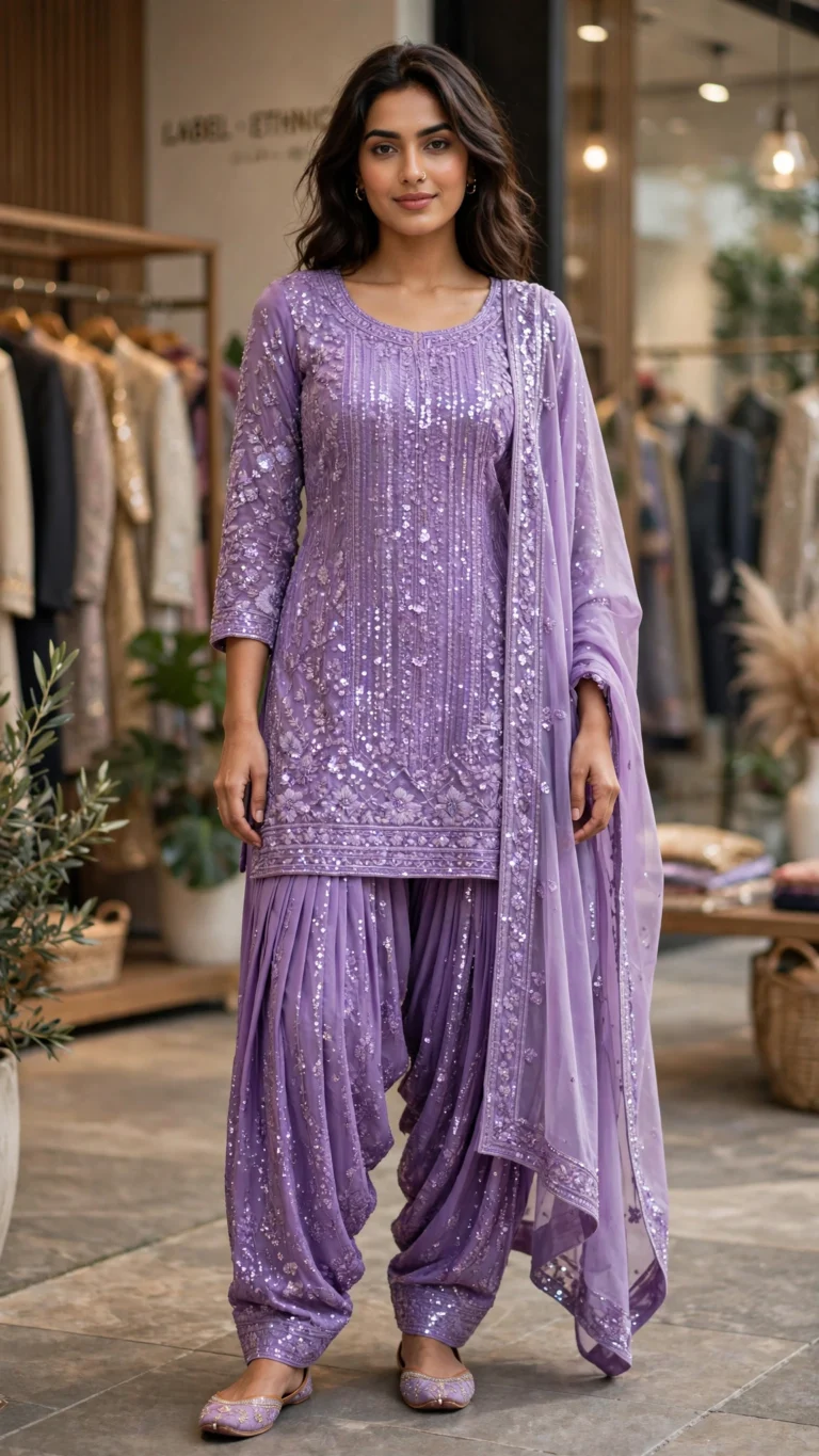 Lavender Sequined Hand-Embroidered Patiala Salwar Suit Set