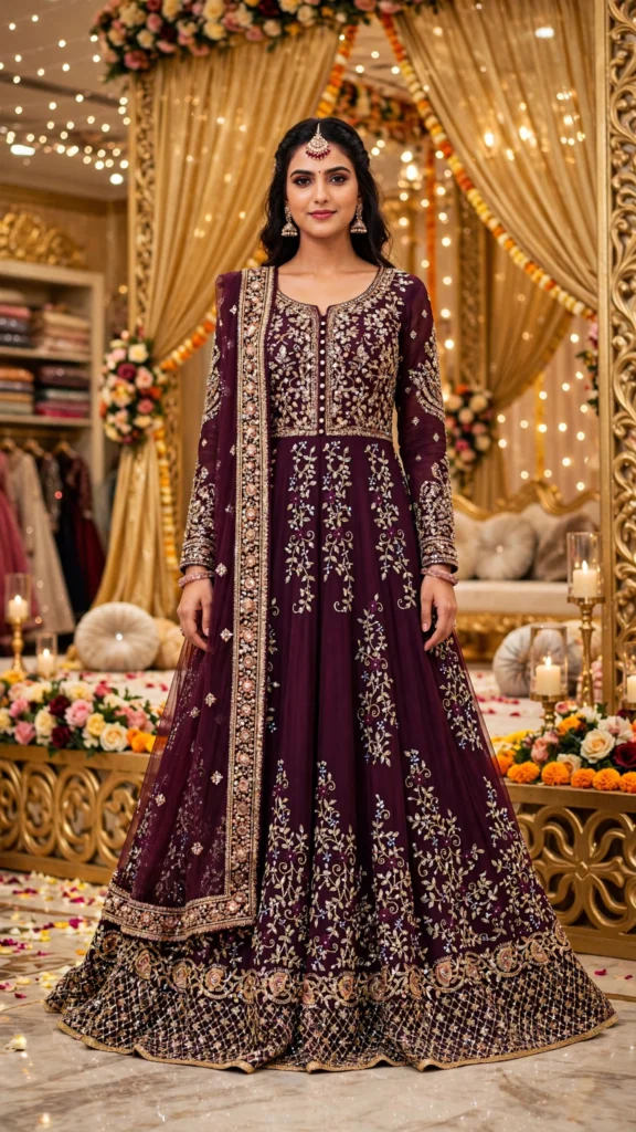 Regal Zardosi Velvet Anarkali Set – Available in Midnight Burgundy & Deep Plum - Photo 1