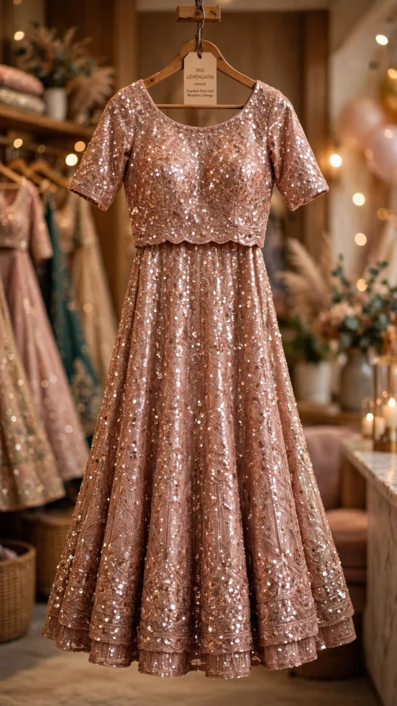 Aura of Radiance Sequinned Rose Gold Lehenga Set - Photo 1