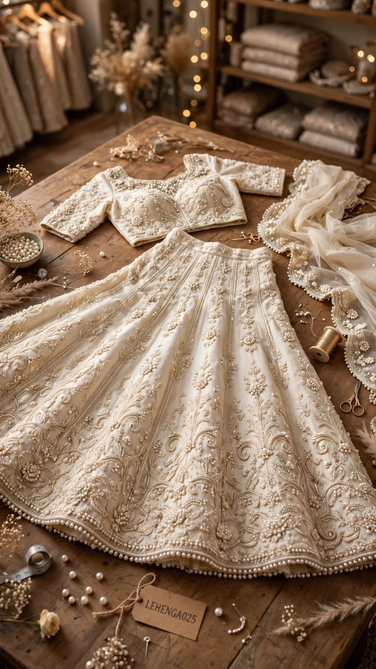 Ethereal Pearl-Embellished & Opulent Velvet Bridal Lehengas – Available in Ivory Cream & Royal Maroon