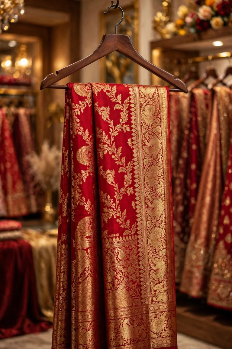 Ethereal Floral Breeze & Regal Crimson Banarasi – Available in Sky Blue & Crimson Red