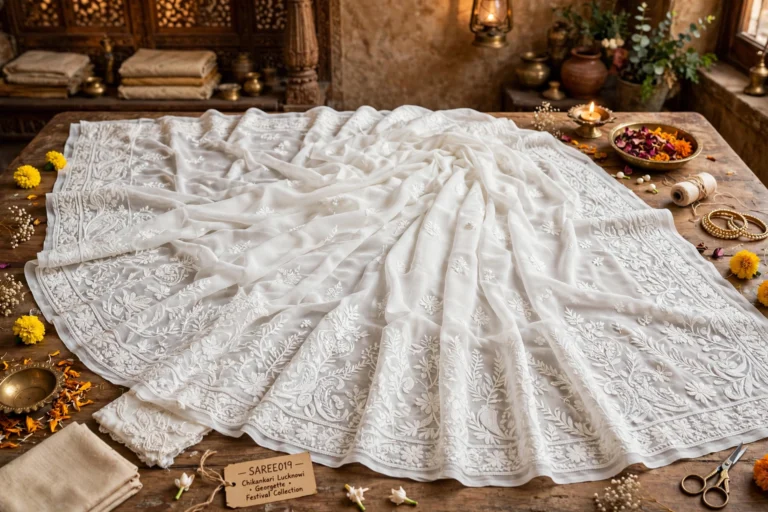 Ethereal Artisanal Embroidered Georgette Saree – Available in Rose Quartz & Pristine White